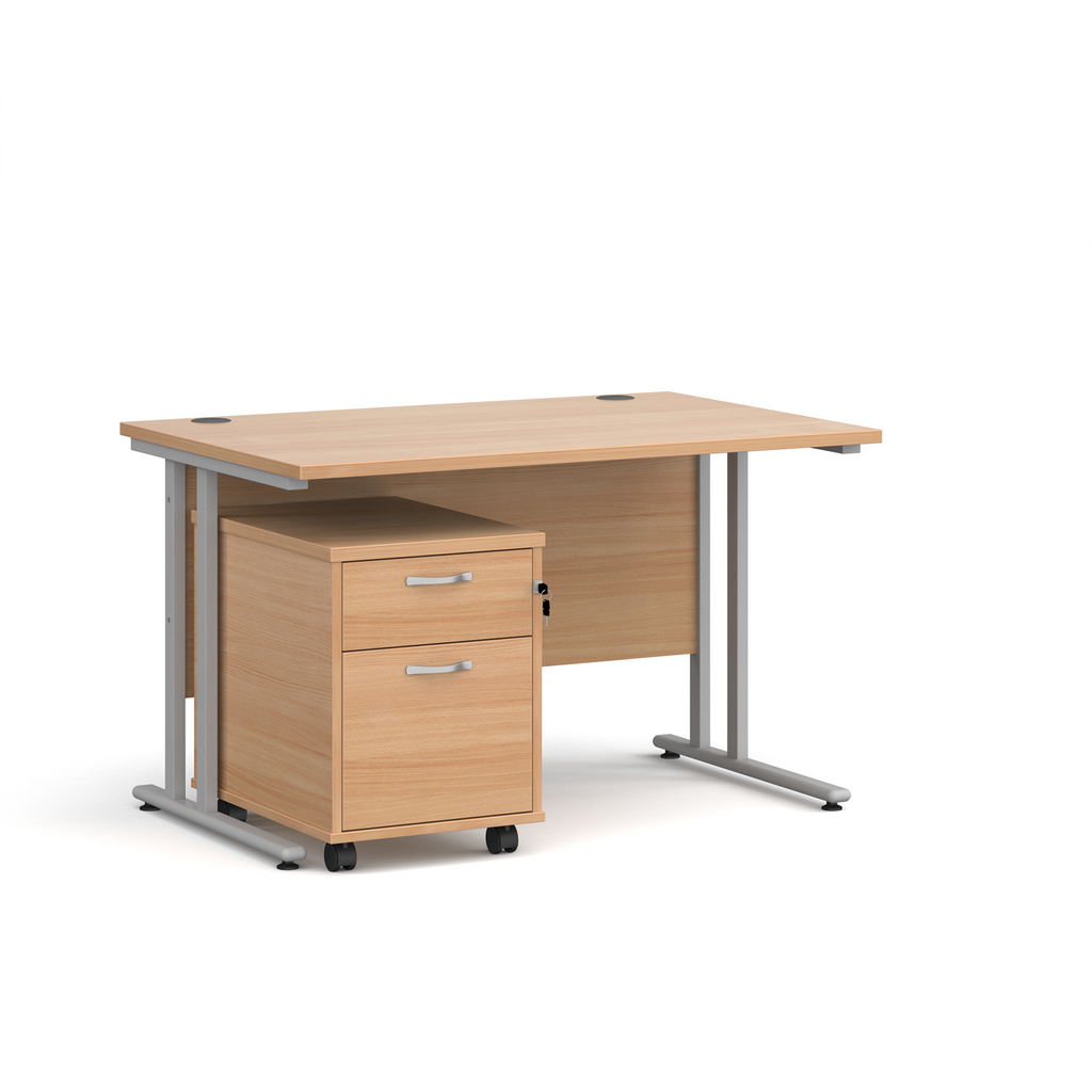 Picture of Maestro 25 straight desk 1200mm x 800mm with silver cantilever frame and 2 drawer pedestal - beech