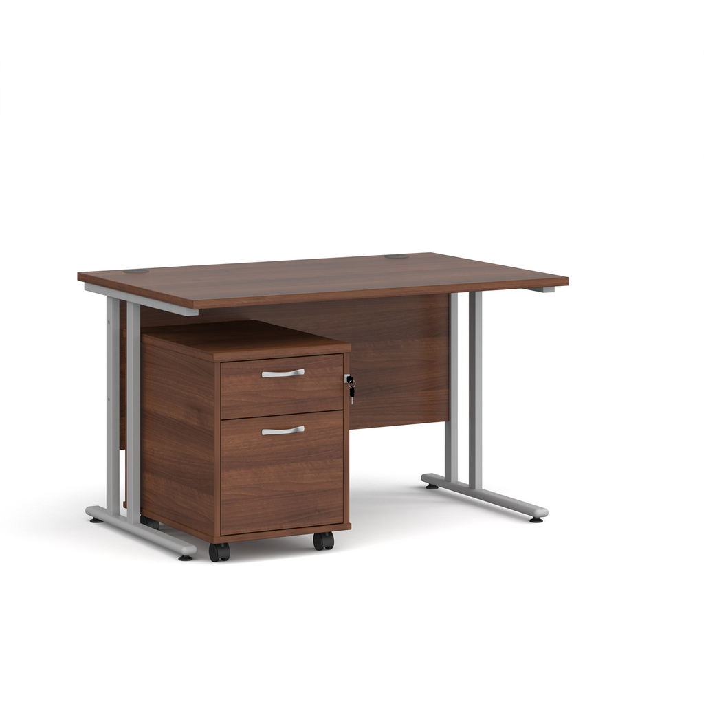 Picture of Maestro 25 straight desk 1200mm x 800mm with silver cantilever frame and 2 drawer pedestal - walnut