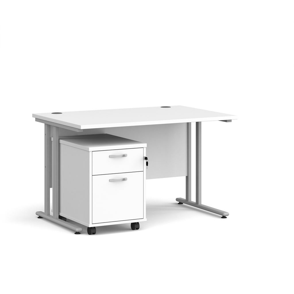 Picture of Maestro 25 straight desk 1200mm x 800mm with silver cantilever frame and 2 drawer pedestal - white